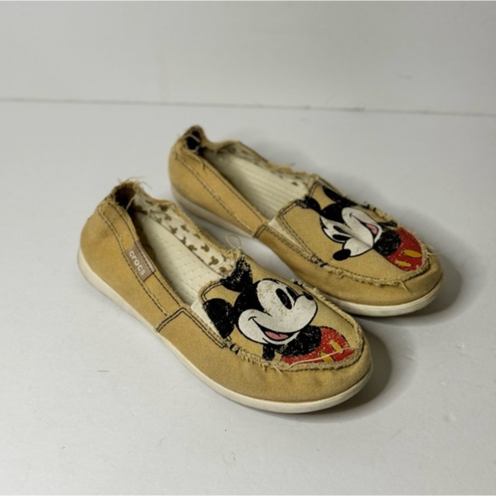 Crocs Disney  Mickey Mouse Distressed Canvas Slip On Women's Size 8 Tan Beige